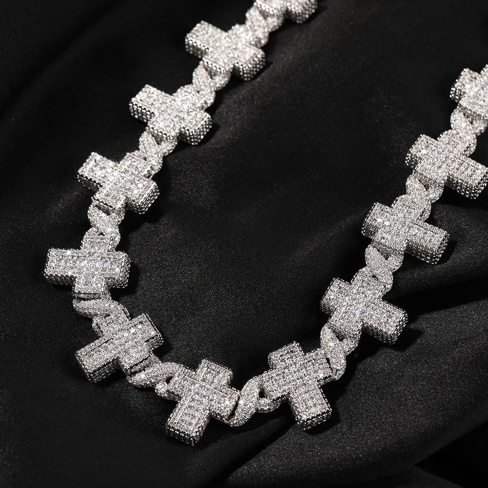 17MM Gold Plated Moissanite Cross Cuban Link Chain Bracelet