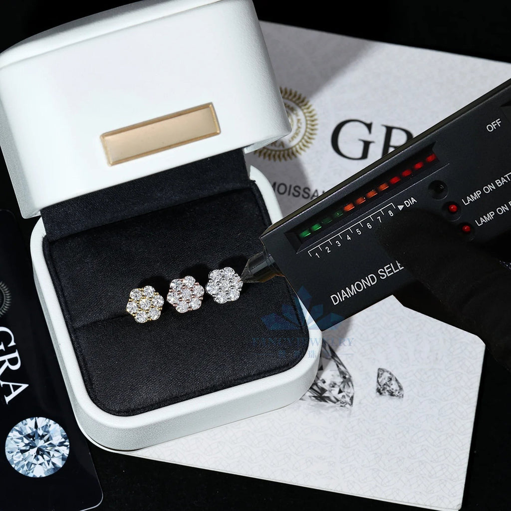 Moissanite Cluster Flower Stud Earrings