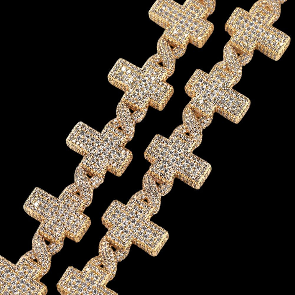 17MM Gold Plated Moissanite Cross Cuban Link Chain Bracelet
