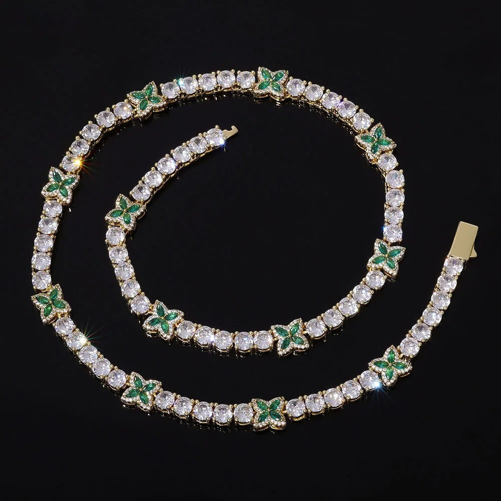 925 Silver Four-Leaf Clover Inlaid Green Zircon Tennis Chain