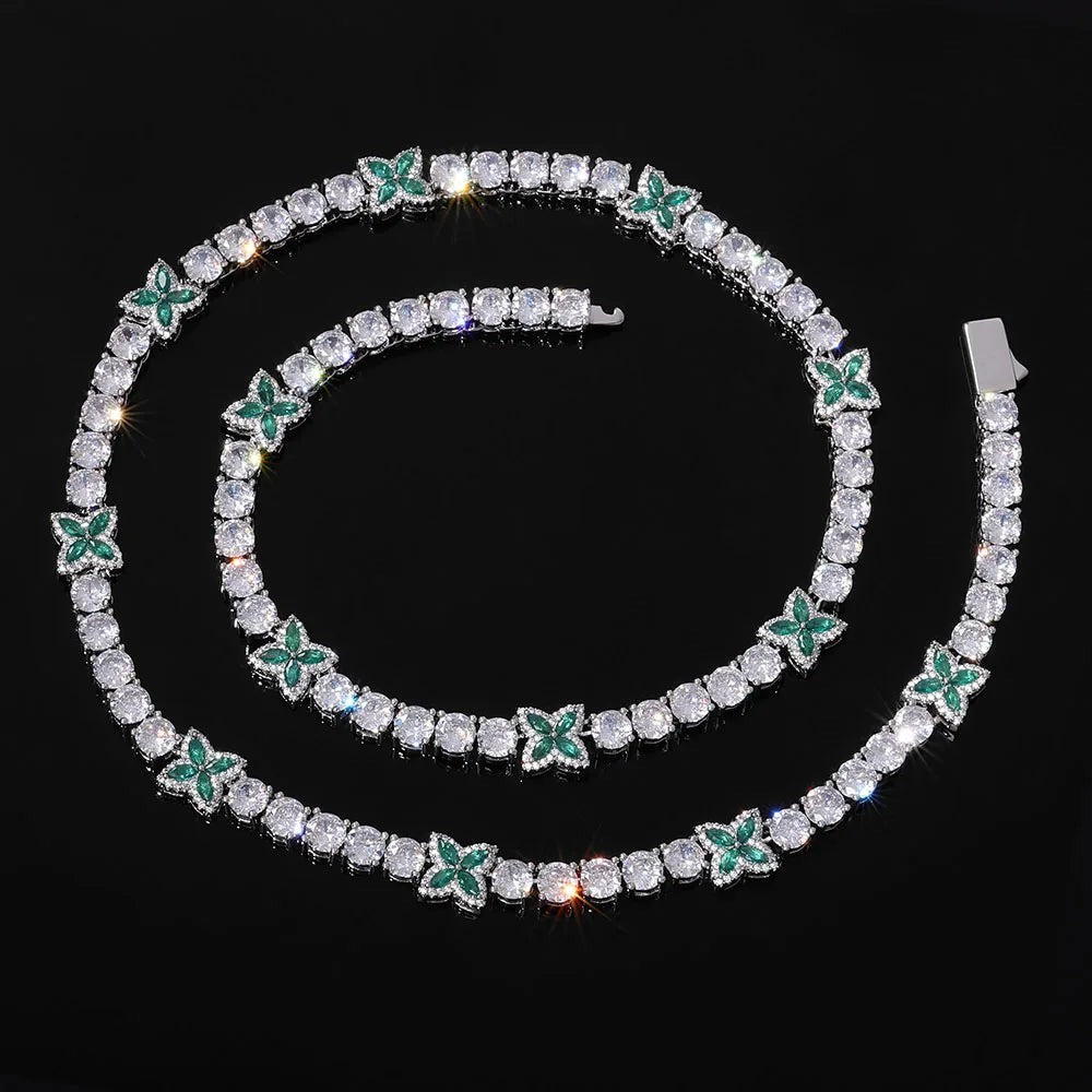 925 Silver Four-Leaf Clover Inlaid Green Zircon Tennis Chain