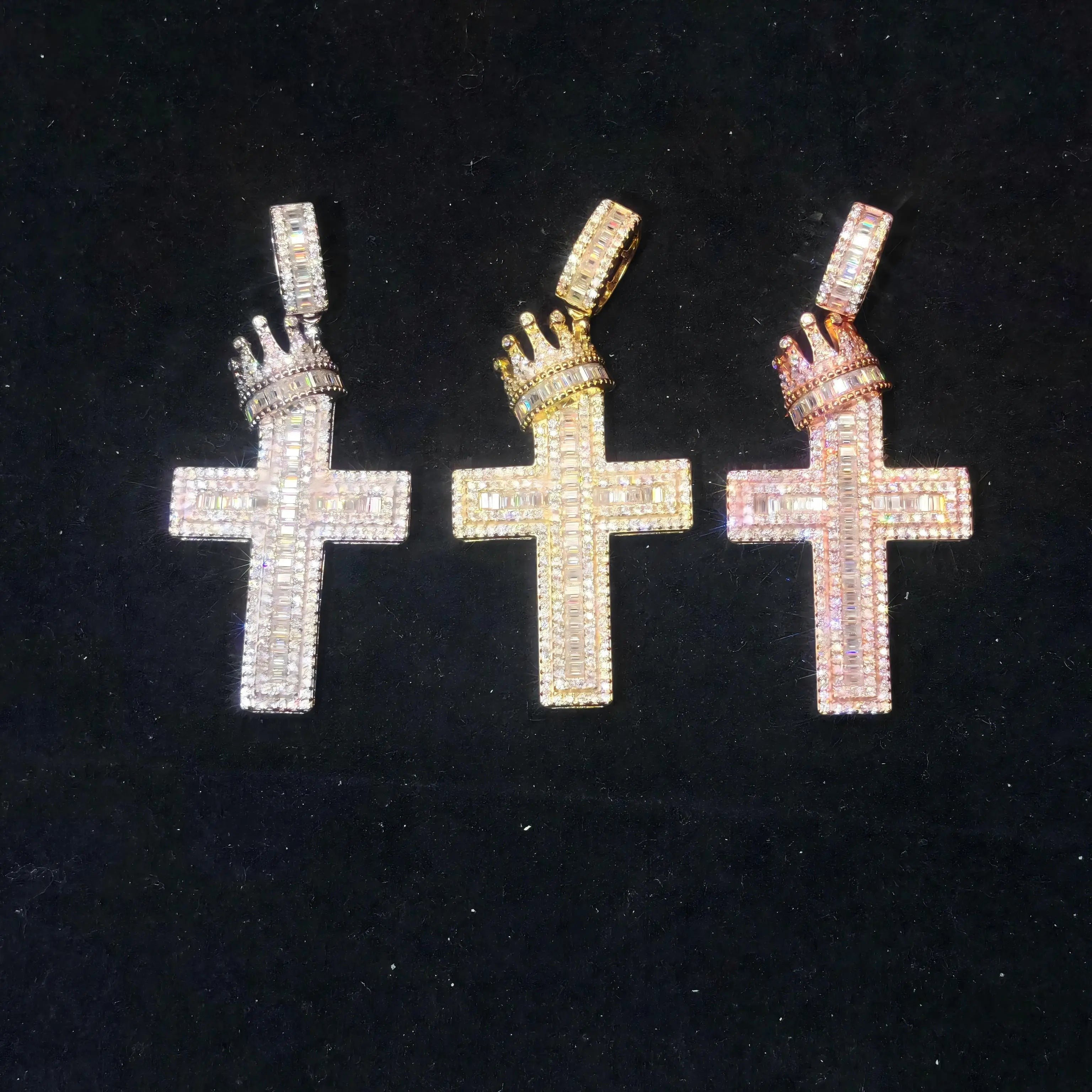 Moissanite Crown Cross Pendant 925 Sterling Silver