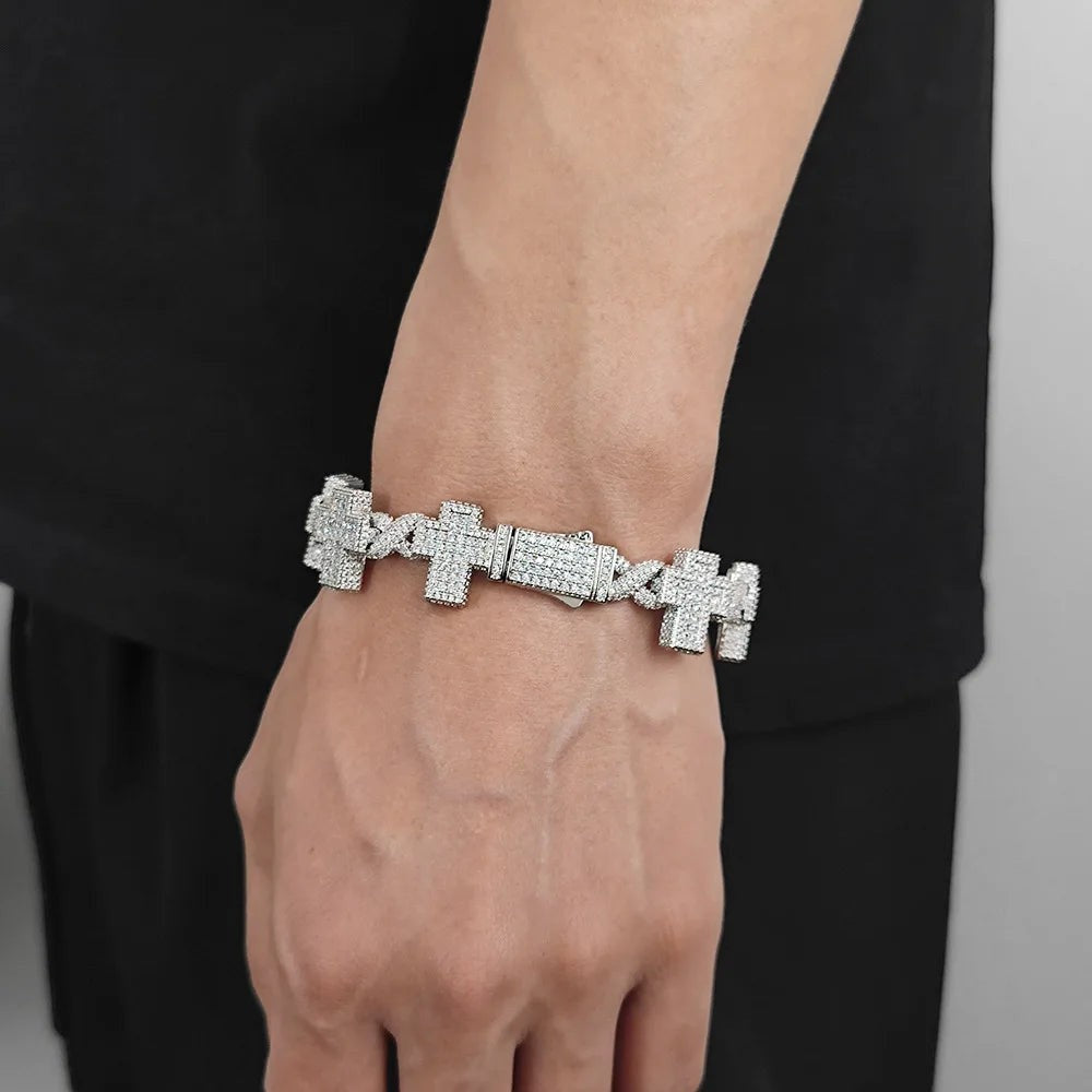 17MM Gold Plated Moissanite Cross Cuban Link Chain Bracelet