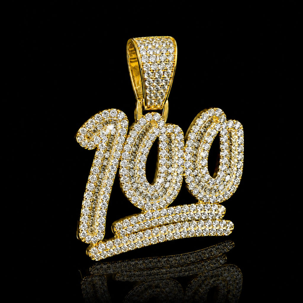 Petey's jewelry iced out 100 pendant in gold-plated 925 sterling silver with VVS moissanite stones.