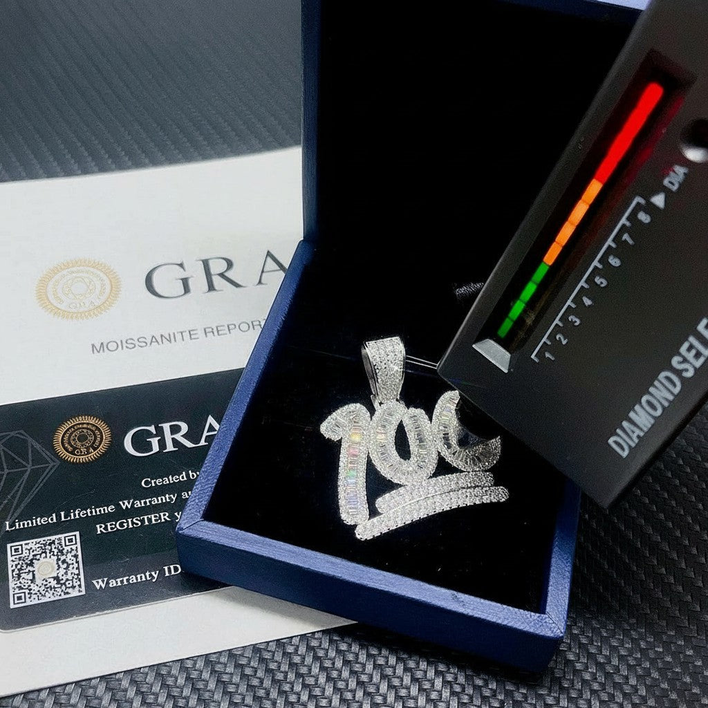 Petey's jewelry iced out 100 pendant in 925 sterling silver with VVS baguette moissanite and diamond tester.