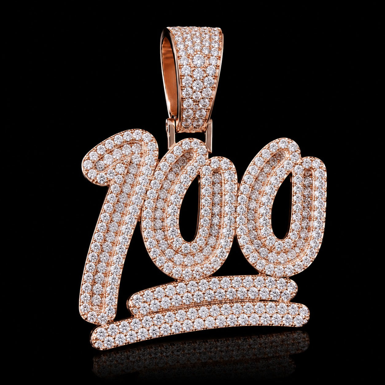 Petey's jewelry iced out 100 pendant in rose gold-plated 925 sterling silver with sparkling VVS moissanite stones.