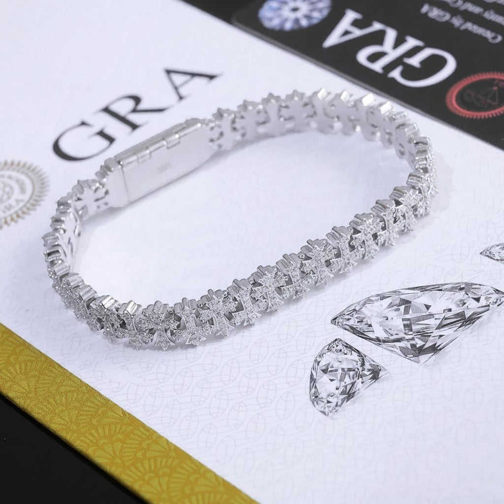 Petey's jewelry 8mm cross link bracelet in 925 silver with sparkling VVS moissanite stones and GRA certificate.
