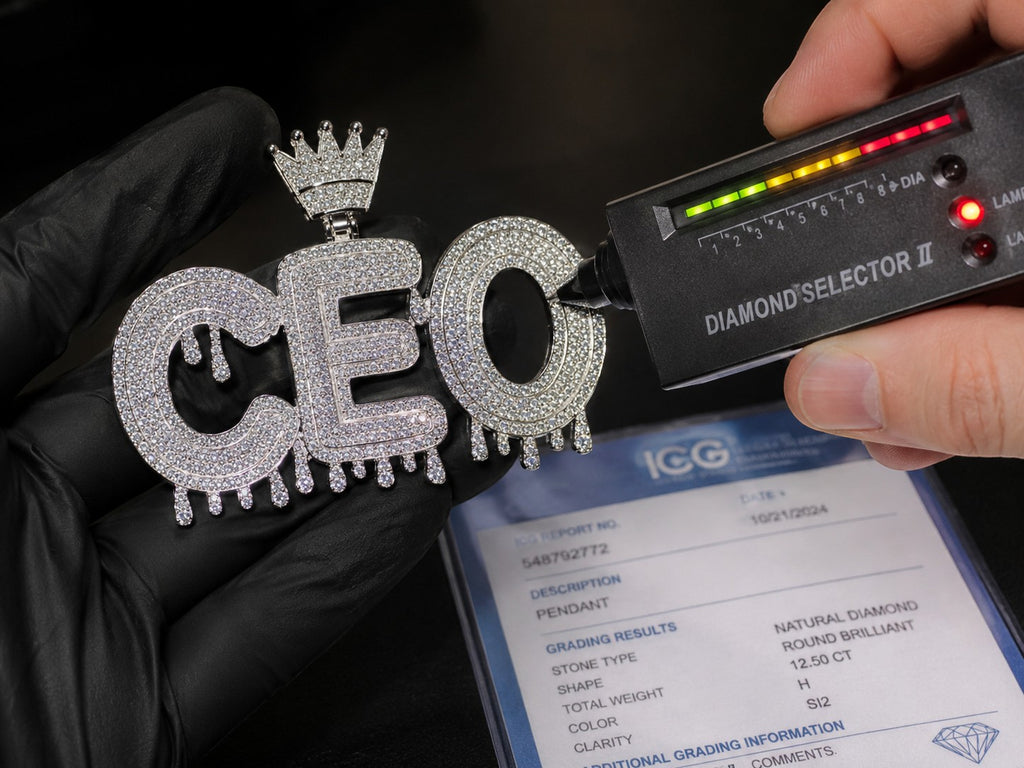 Petey's jewelry iced out CEO letter pendant in 925 silver with sparkling VVS moissanite diamonds and crown detail.