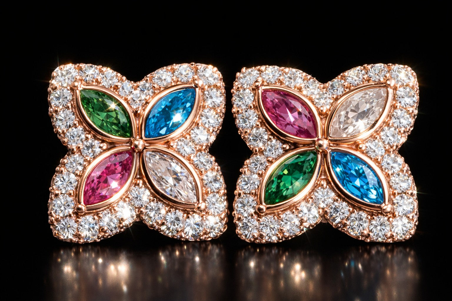 Petey's jewelry clover stud earrings in 925 sterling silver with colorful marquise-cut moissanite stones.