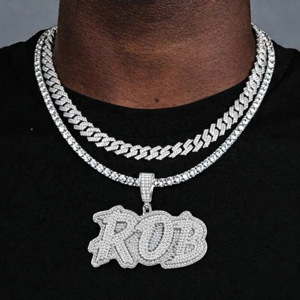 Petey's jewelry custom iced out letter pendant necklace in 925 sterling silver with VVS moissanite stones.