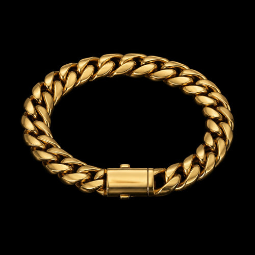 Petey's jewelry 18K gold-plated stainless steel Miami Cuban link chain bracelet with a secure clasp on black background
