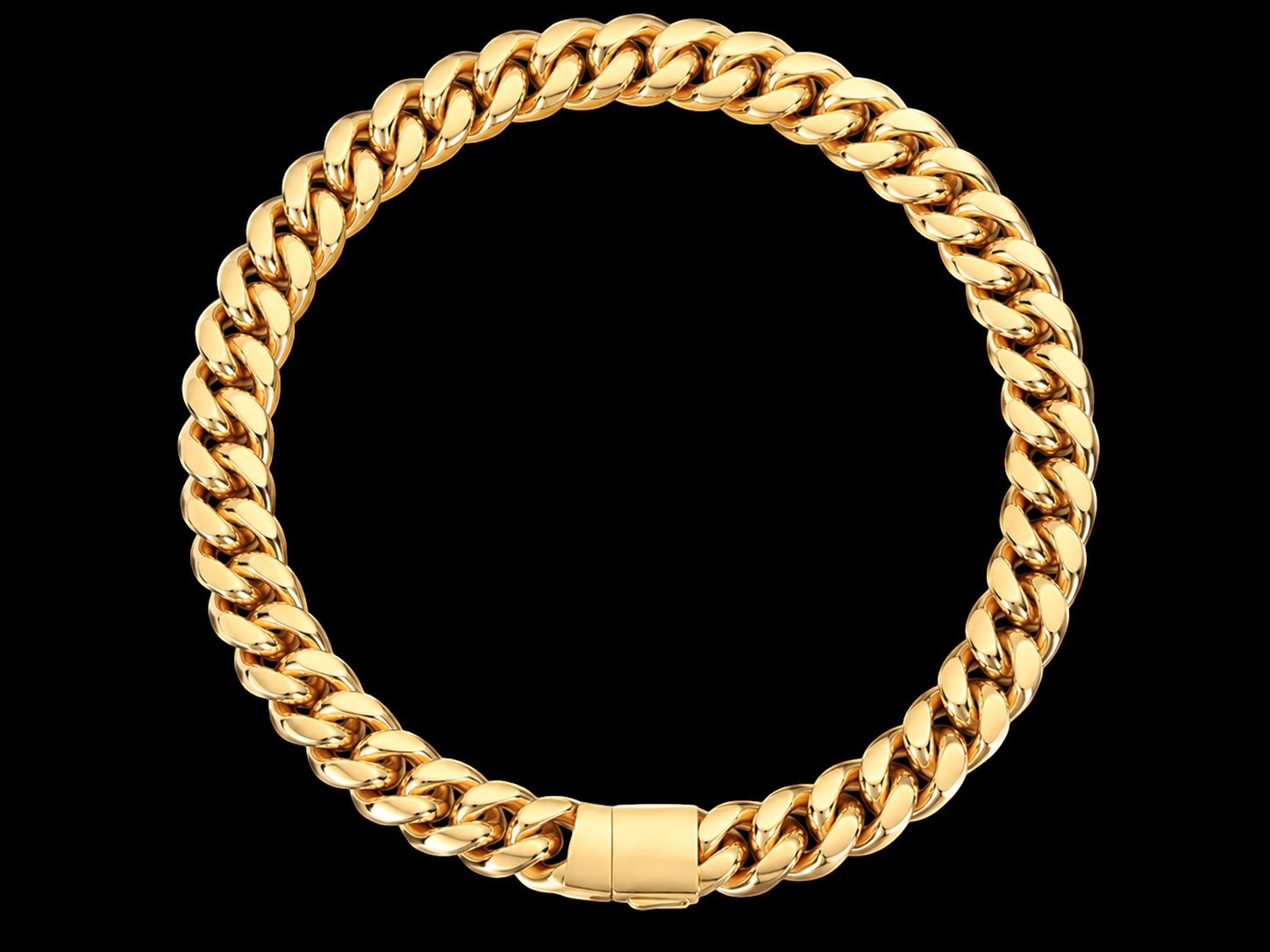 Petey's jewelry gold-plated stainless steel Miami Cuban link chain necklace with a secure clasp on a black background.