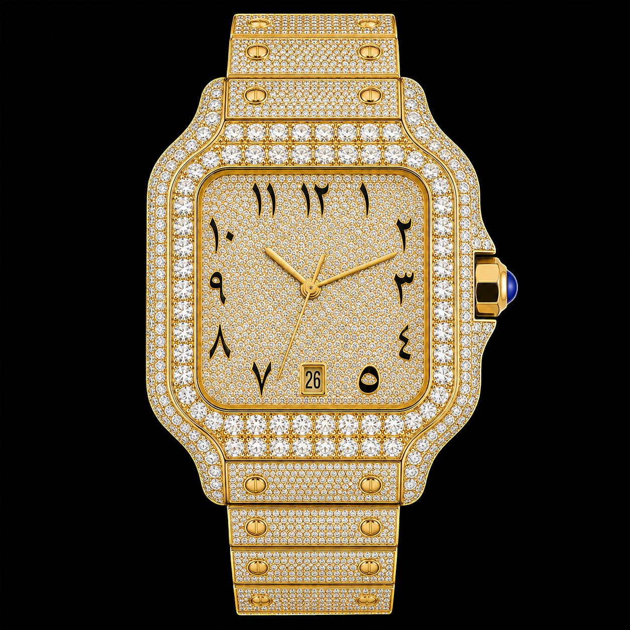 Petey's jewelry gold luxury men's automatic watch with full diamond VVS1 moissanite, square face, Arabic numerals, and date window.