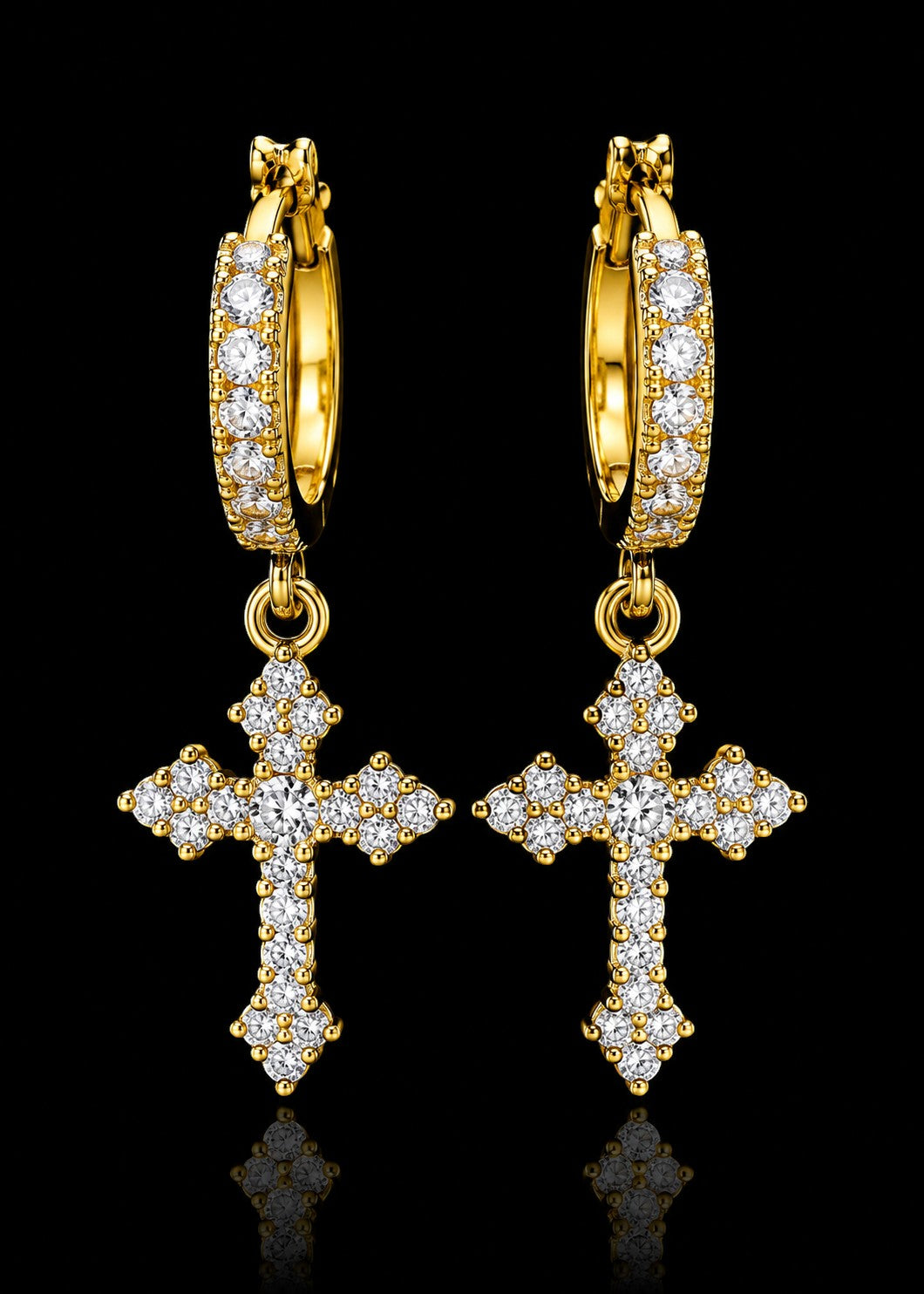 Petey's jewelry gold-plated 925 sterling silver hoop earrings featuring iced-out VVS moissanite cross pendants.