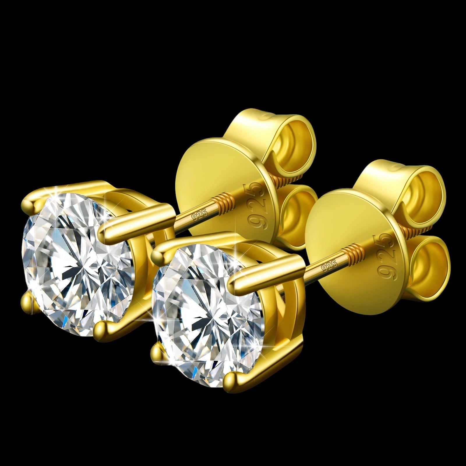 Petey's jewelry 18K gold-plated 925 sterling silver stud earrings featuring round brilliant cut VVS moissanite stones.