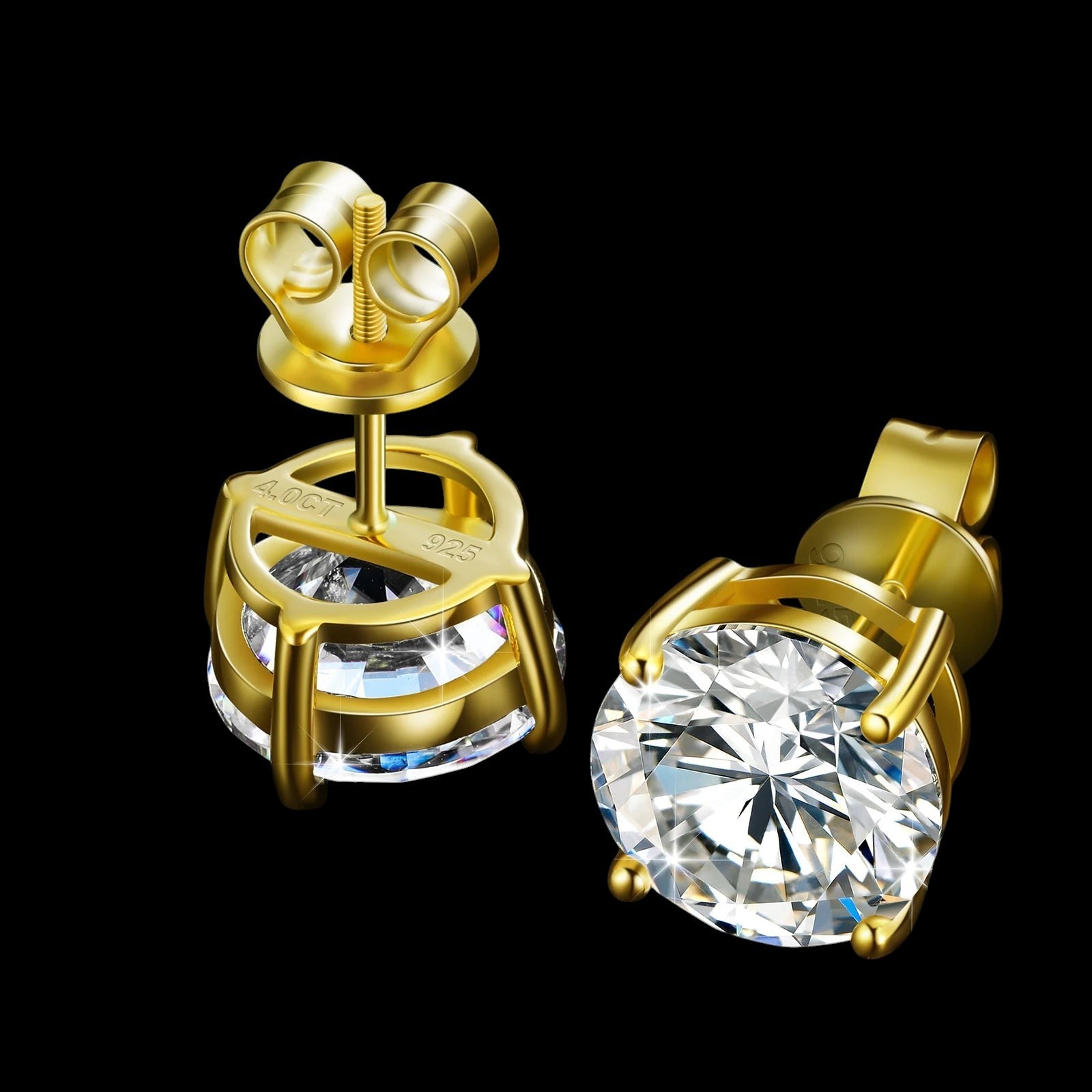 Petey's jewelry 18K gold plated 925 sterling silver stud earrings featuring round brilliant cut VVS moissanite stones.