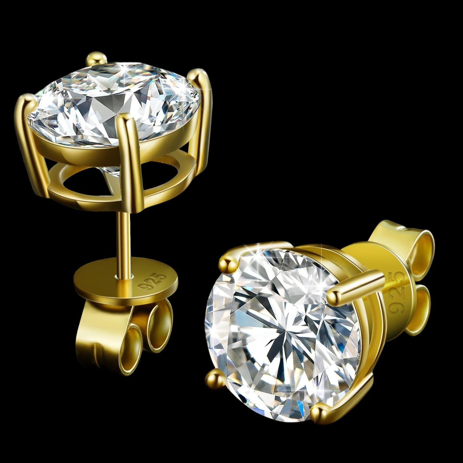 Petey's jewelry 18K gold plated 925 sterling silver stud earrings featuring round brilliant cut VVS moissanite stones.