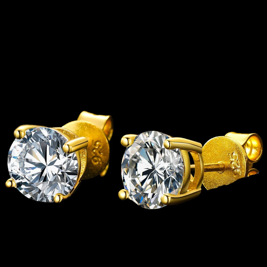 Petey's jewelry round brilliant cut VVS moissanite stud earrings in 18K gold plated 925 sterling silver