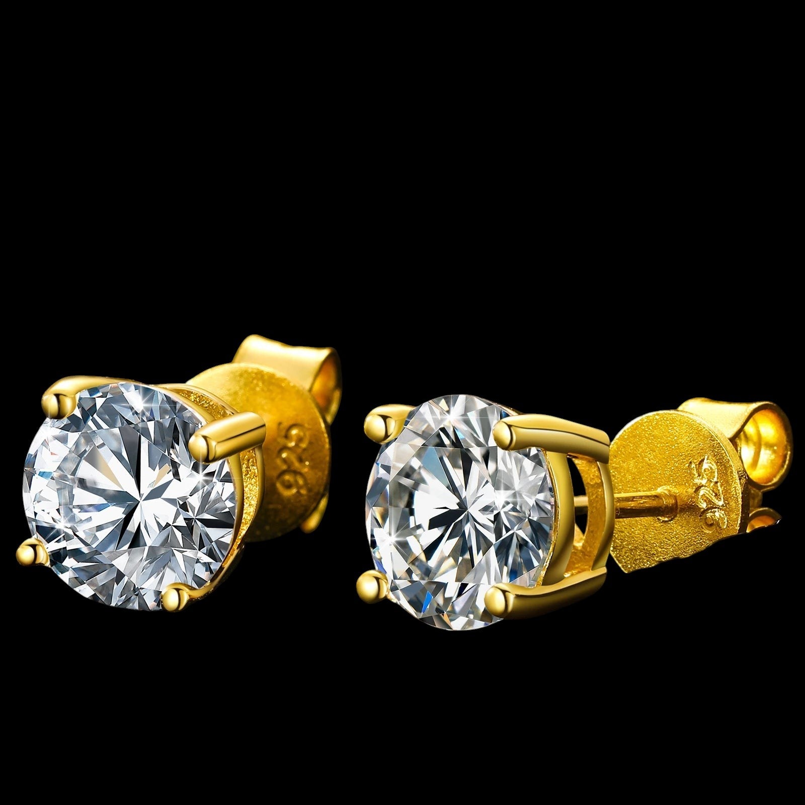 Petey's jewelry round brilliant cut VVS moissanite stud earrings in 18K gold plated 925 sterling silver