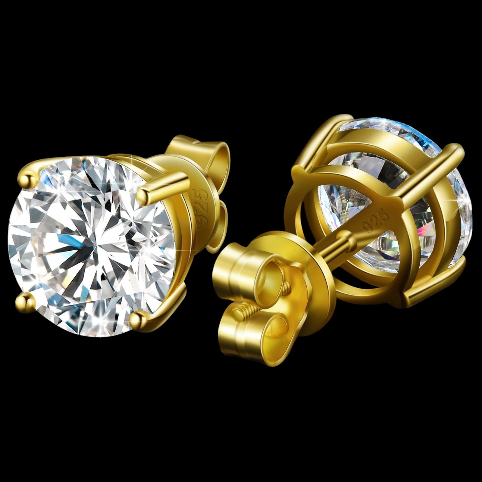 Petey's jewelry round brilliant cut VVS moissanite stud earrings in 18K gold plated 925 sterling silver with screw back