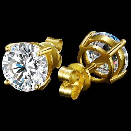 Petey's jewelry round brilliant cut VVS moissanite stud earrings in 18K gold plated 925 sterling silver with screw back