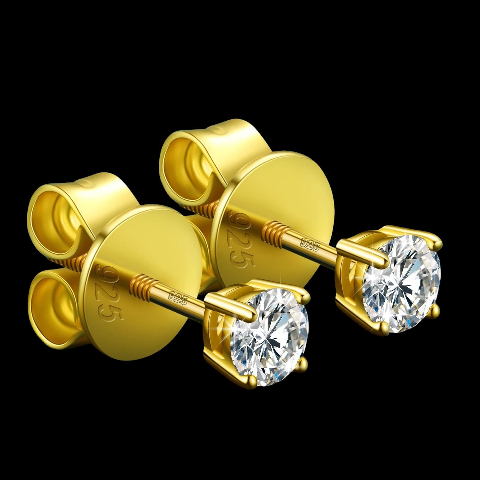 Petey's jewelry 18K gold-plated 925 sterling silver stud earrings featuring round brilliant cut VVS moissanite stones.