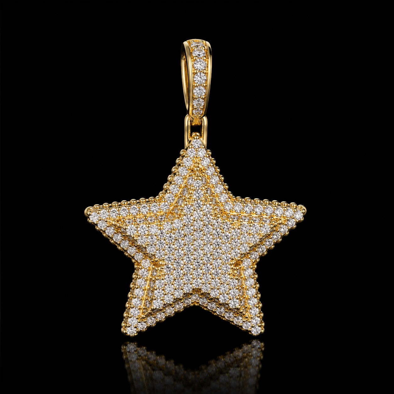 Petey's jewelry gold-plated 925 sterling silver star pendant featuring iced-out round brilliant moissanite stones.