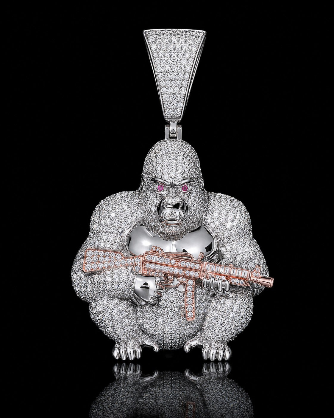 Petey's jewelry iced out gorilla pendant in 925 sterling silver with VVS moissanite diamonds and rose gold rifle