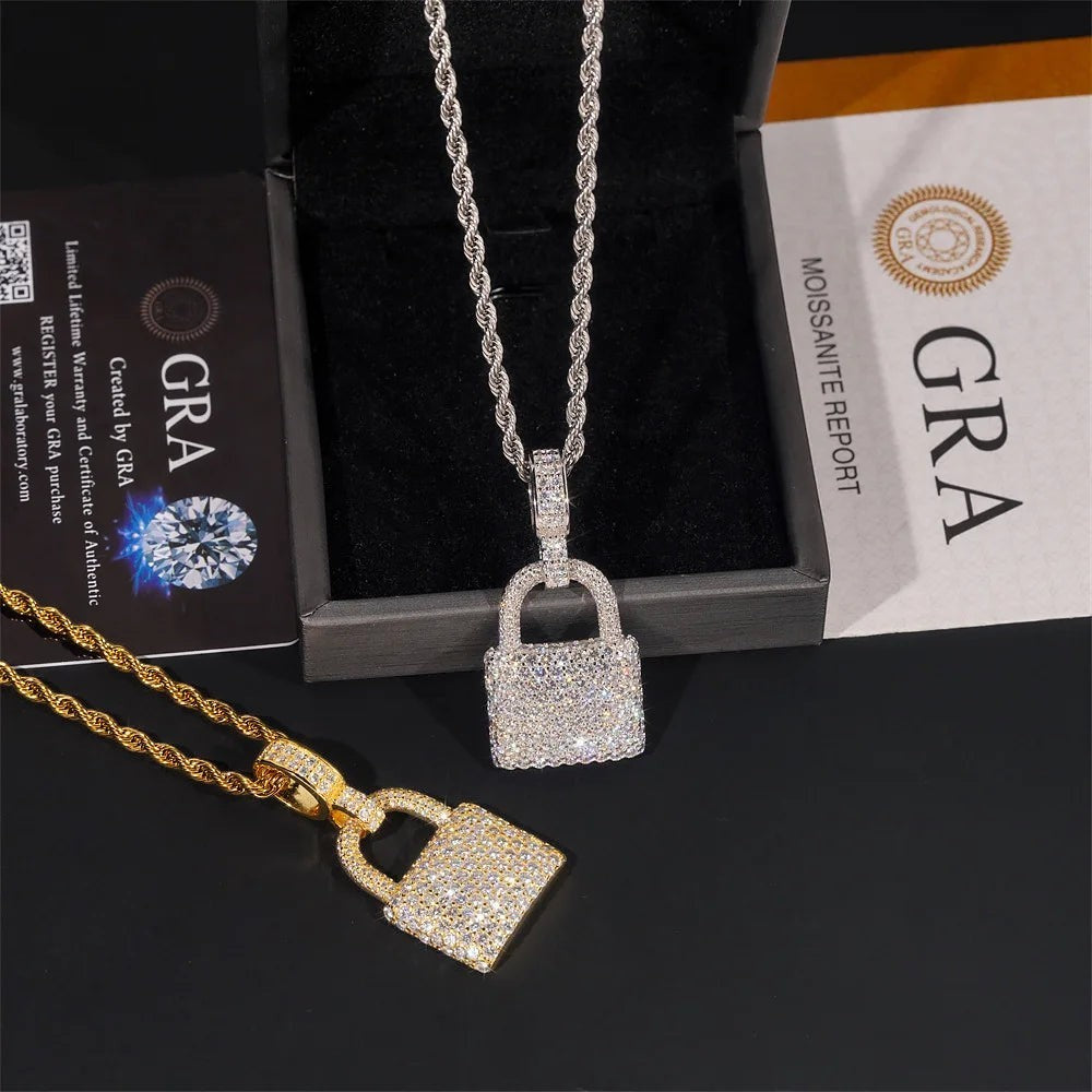 Petey's jewelry iced lock pendants with VVS moissanite stones on rope chains, gold and silver plated 925 sterling silver