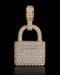 Petey's jewelry gold-plated 925 sterling silver lock pendant iced with sparkling VVS moissanite stones.