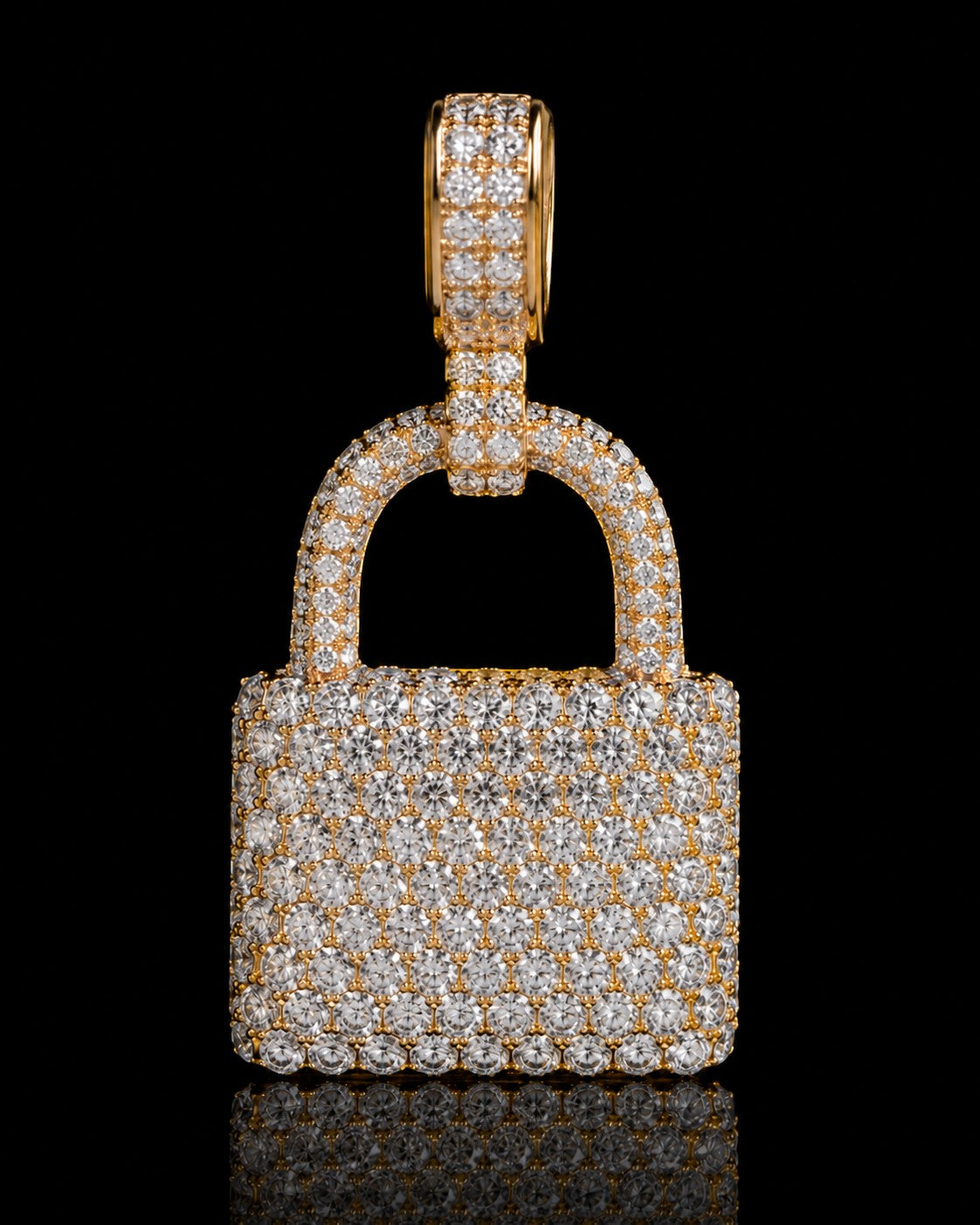 Petey's jewelry gold-plated 925 sterling silver lock pendant iced with sparkling VVS moissanite stones.