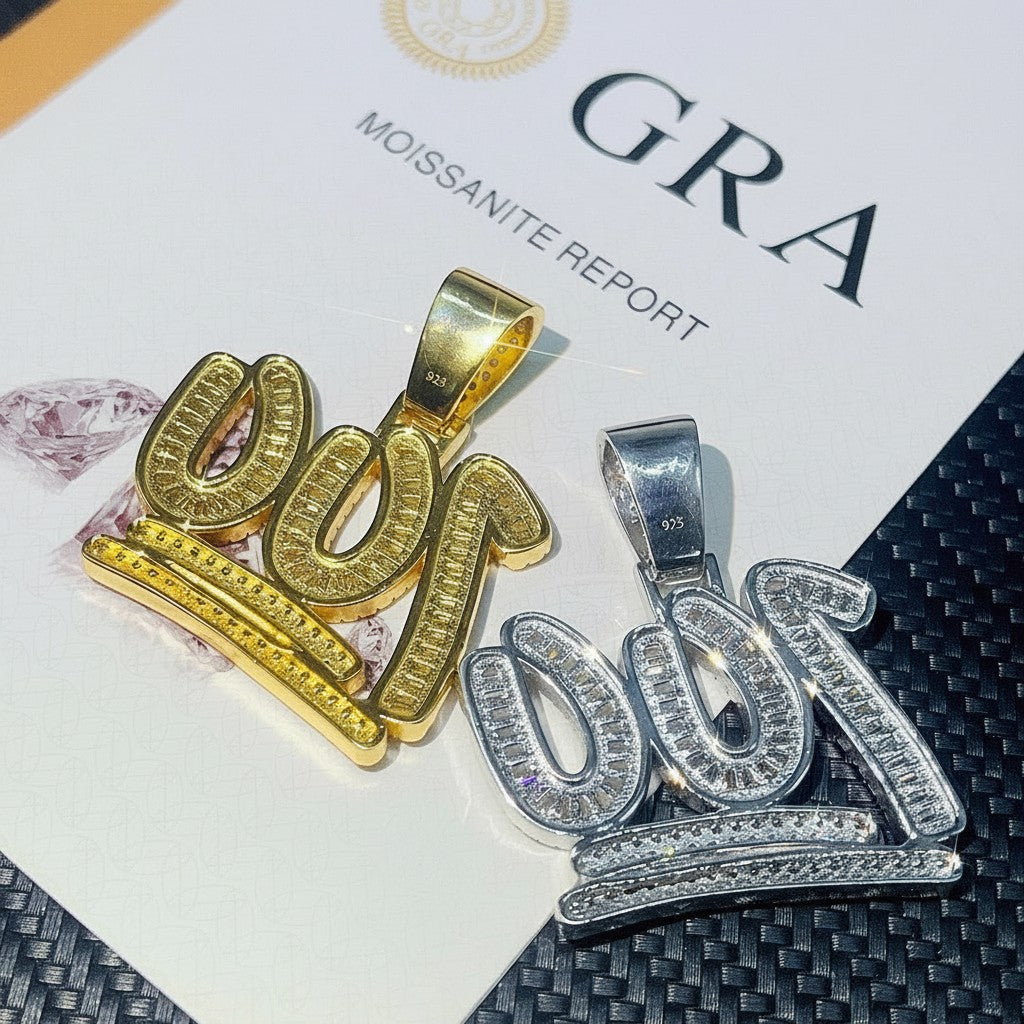 Petey's jewelry iced out 100 pendant set in 925 sterling silver with baguette VVS moissanite stones and GRA report.