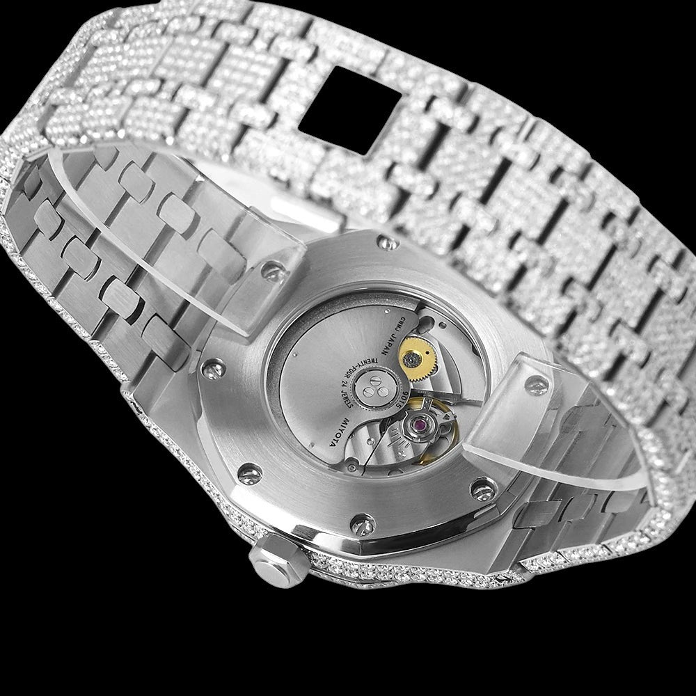 Petey's jewelry men's iced out automatic mechanical watch with sapphire crystal and stainless steel band.