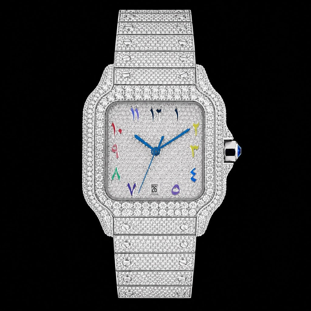 Petey's jewelry men's iced out automatic watch with silver stainless steel band and square dial featuring colorful Arabic numerals and VVS1 moissanite.
