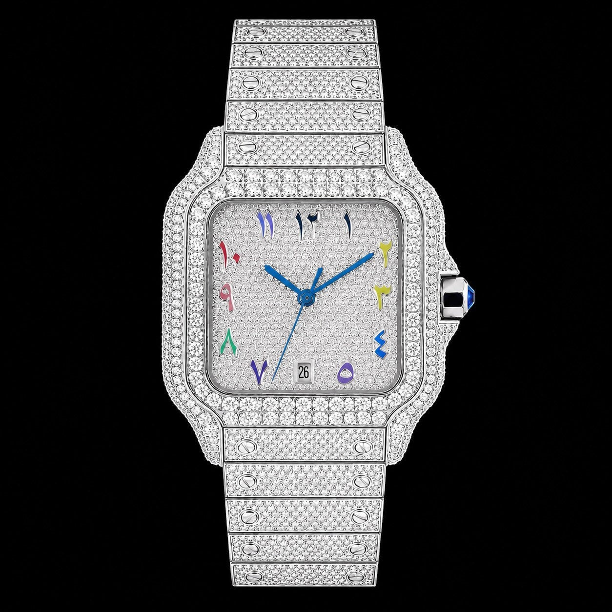 Petey's jewelry men's iced out automatic watch with silver stainless steel band and square dial featuring colorful Arabic numerals and VVS1 moissanite.