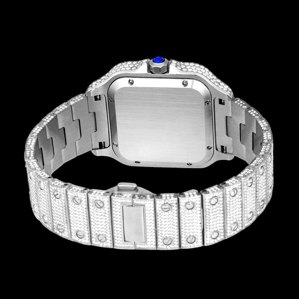 Petey's jewelry men's iced out automatic watch with diamond-encrusted bezel and band, square stainless steel case, and blue crown.