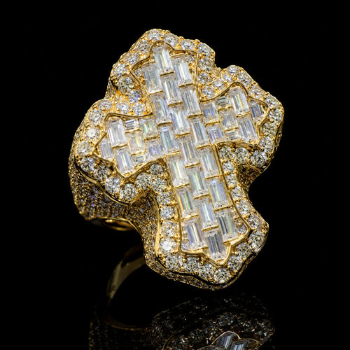 Petey's jewelry gold-plated sterling silver cross ring featuring iced-out baguette and round moissanite stones.