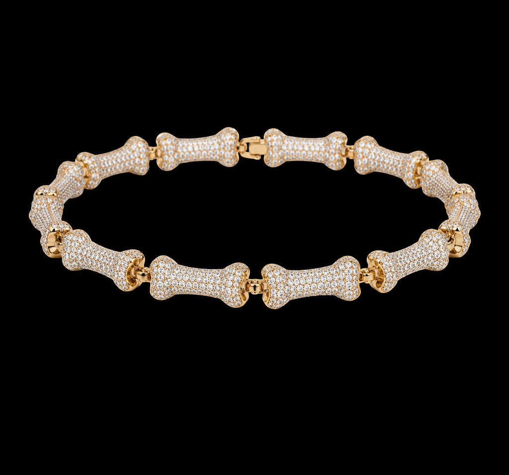 Petey's jewelry gold-plated hip hop chain featuring iced out bone-shaped links with sparkling zircon stones