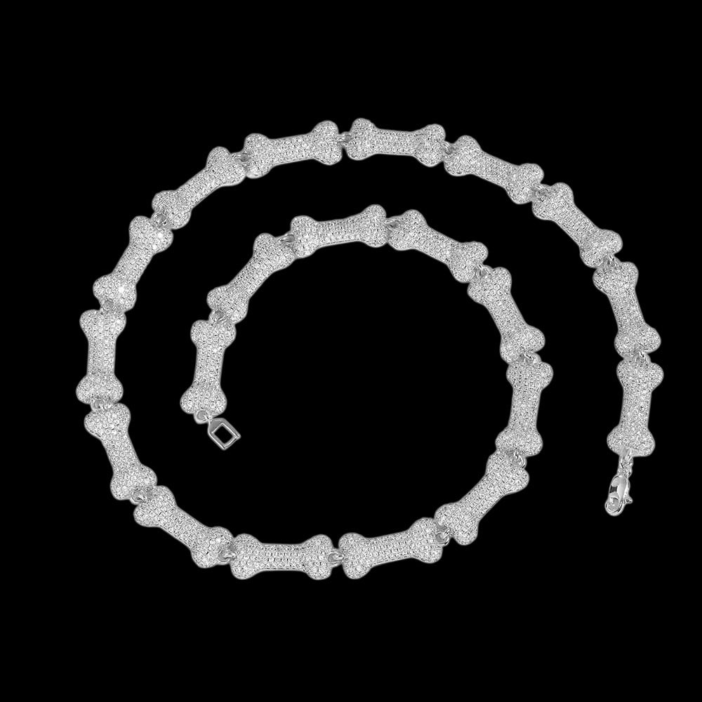 Petey's jewelry silver-plated hip hop chain featuring a unique bone-shaped link design covered in sparkling zircon.