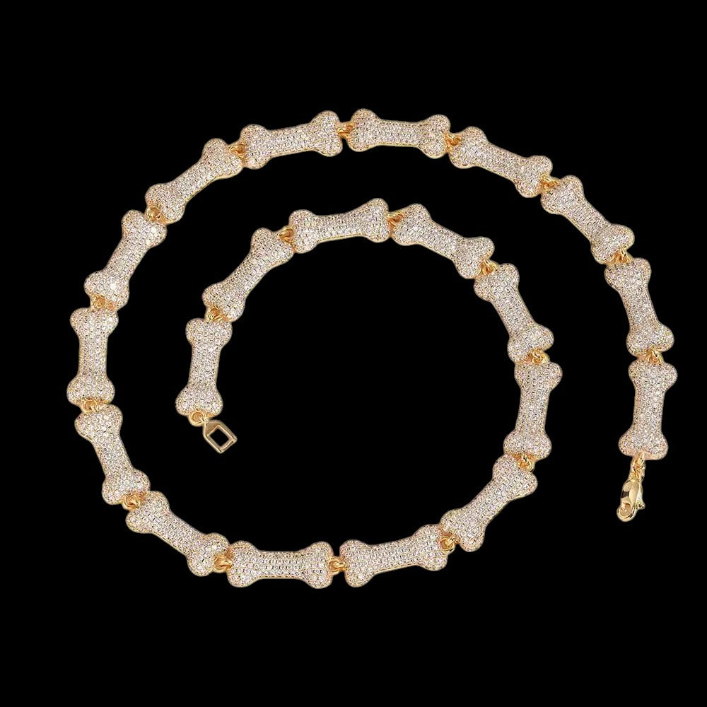 Petey's jewelry iced out hip hop chain featuring gold-plated bone-shaped links encrusted with sparkling zircon stones.