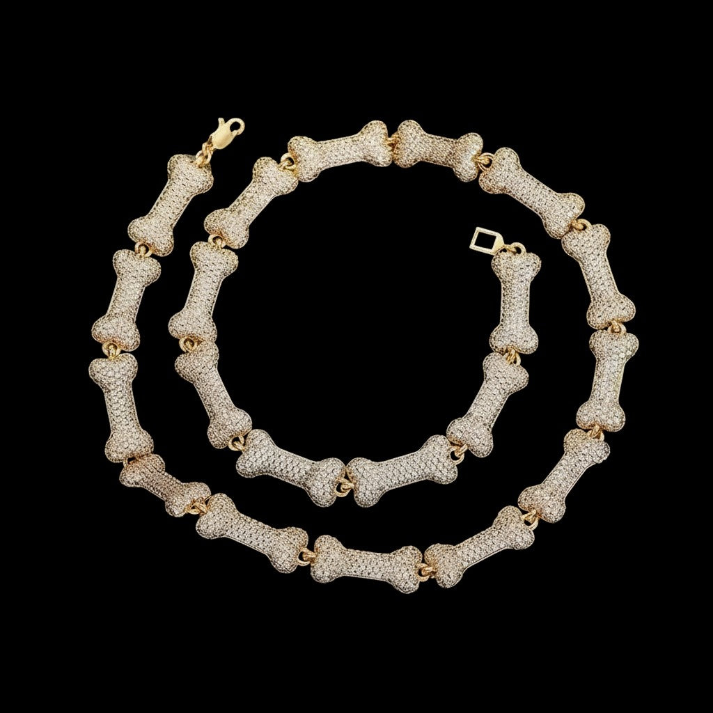 Petey's jewelry iced out bone-shaped link chain necklace in gold-plated brass with sparkling zircon stones.