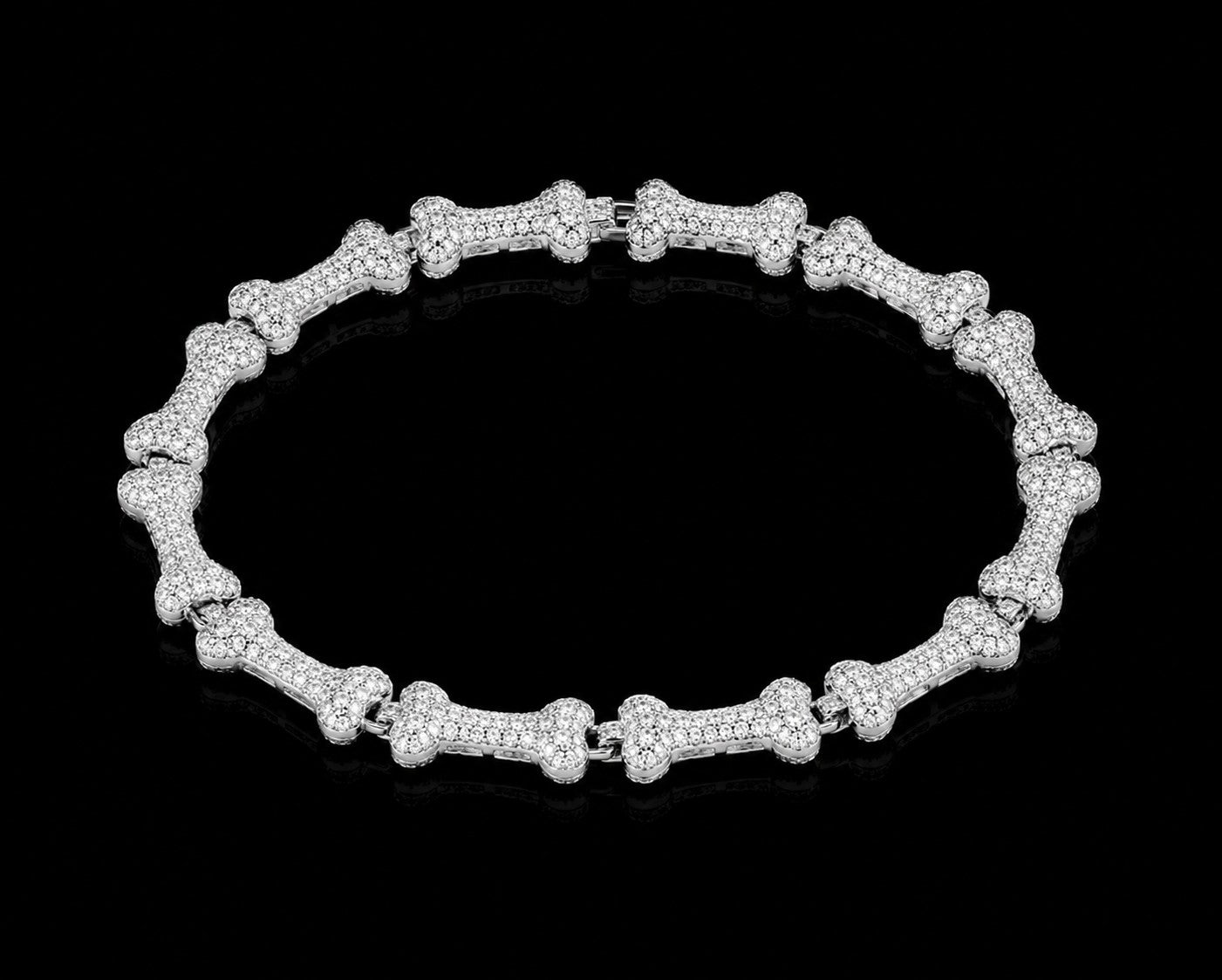 Petey's jewelry iced out silver-plated bone-shaped link chain necklace with sparkling zircon stones for men.