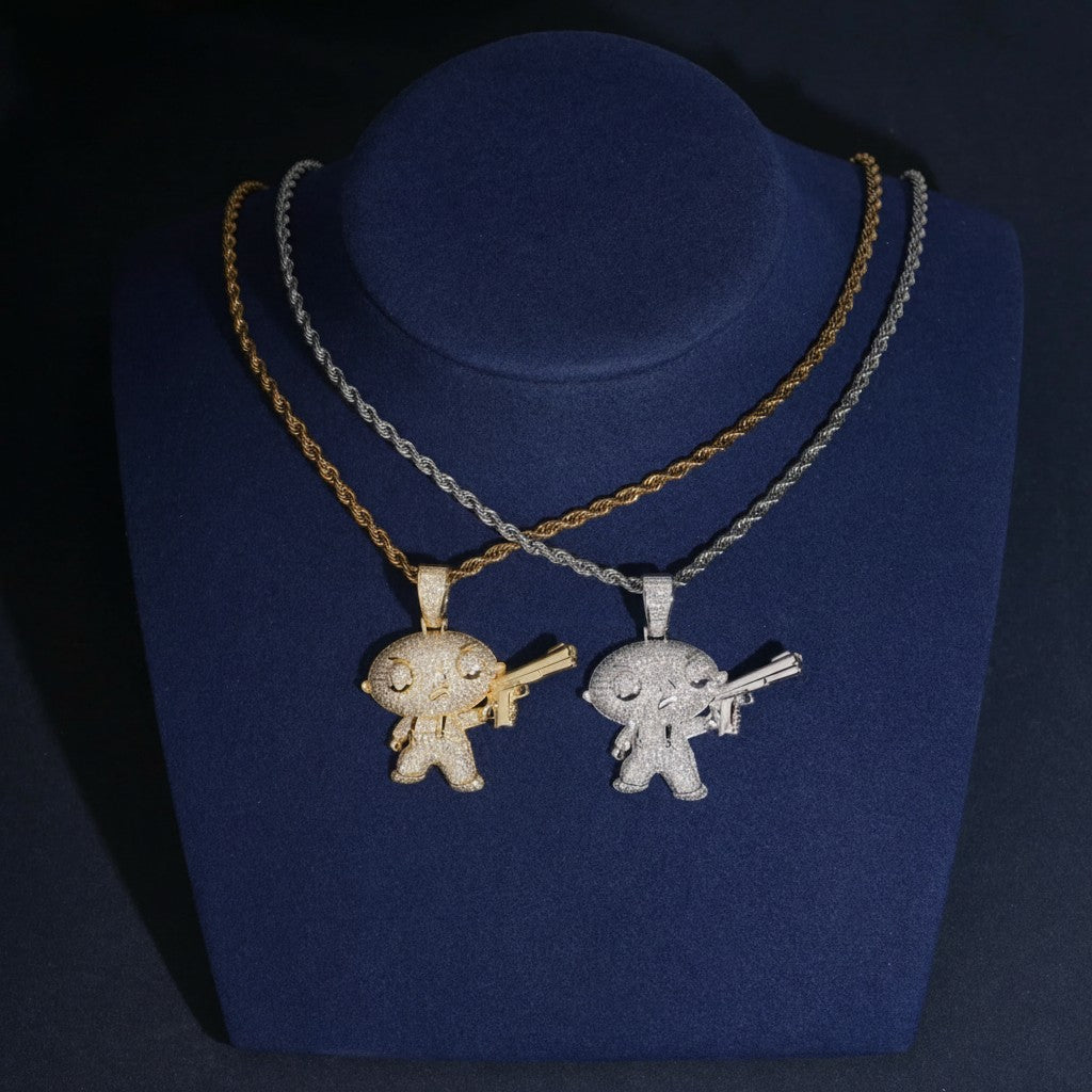 Petey's jewelry iced out cartoon character pendants with moissanite stones on gold and silver rope chains.