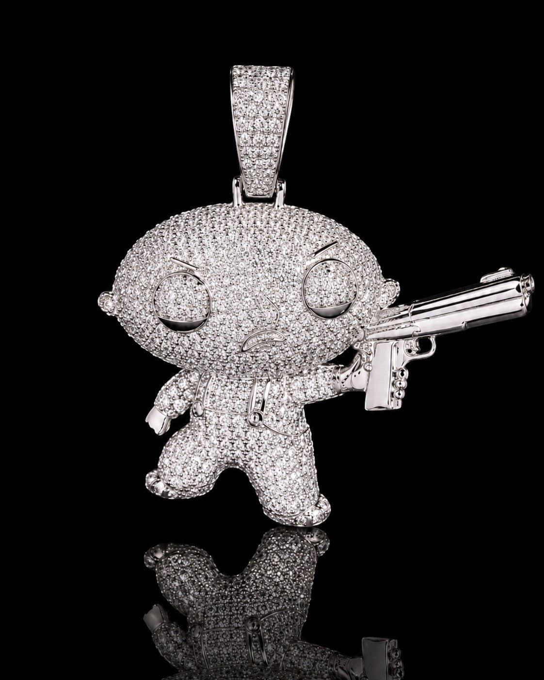 Petey's jewelry iced out cartoon character pendant in silver with pavé-set moissanite stones and a pistol detail.