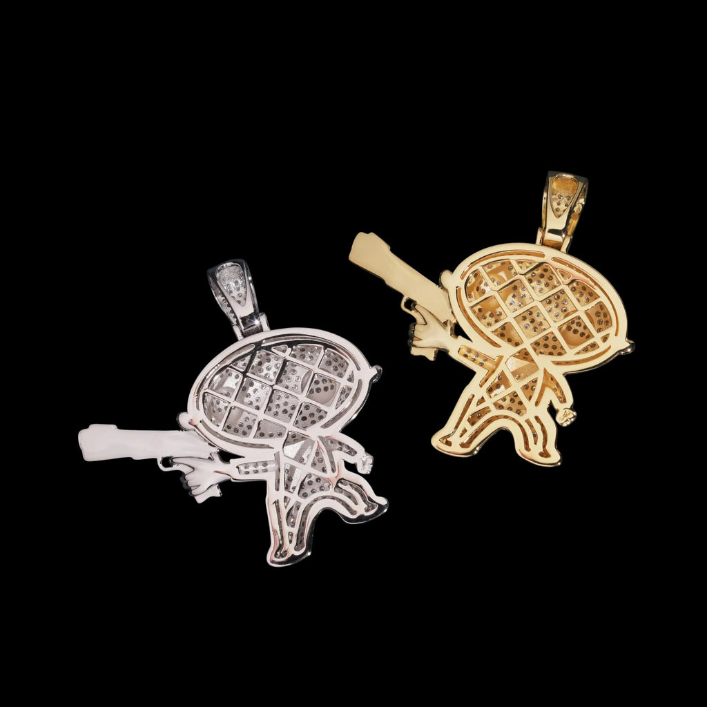 Petey's jewelry iced out cartoon character pendants in gold and silver plated 925 sterling silver with moissanite.