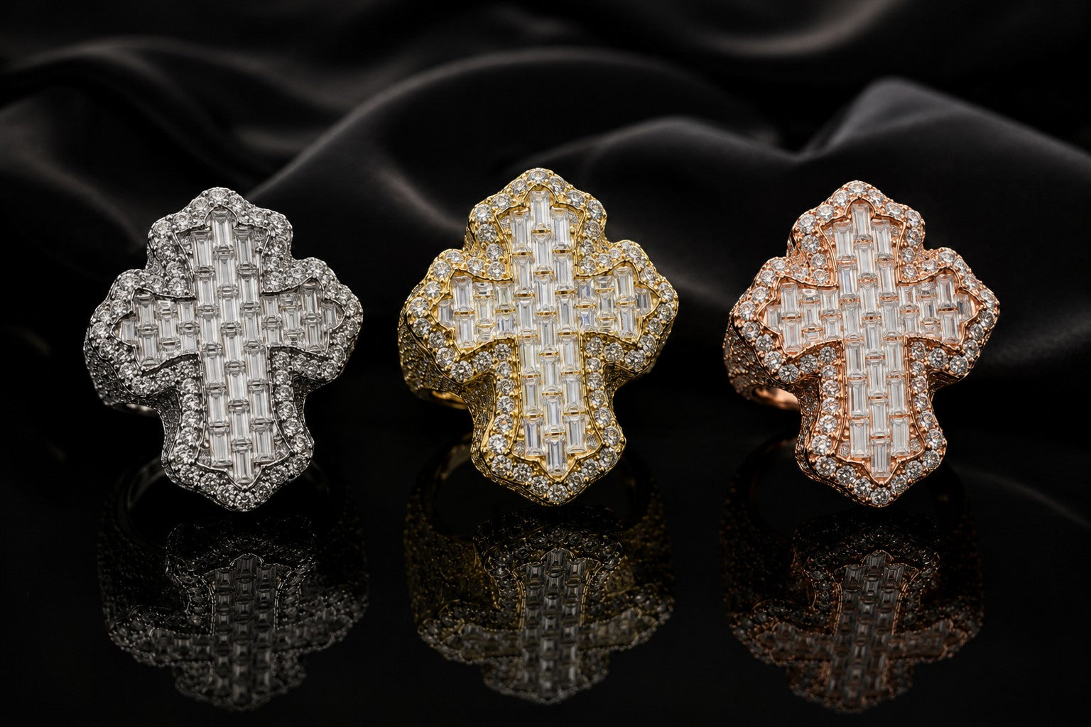 Petey's jewelry iced out cross rings with baguette moissanite stones in silver, gold, and rose gold finishes.