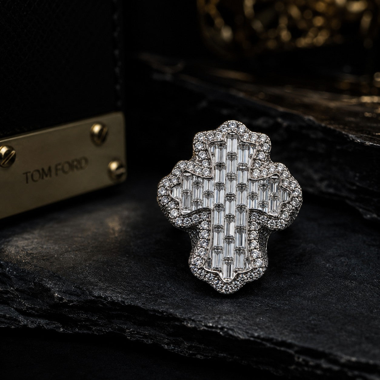 Petey's jewelry iced out cross ring featuring baguette and round moissanite stones set in 925 sterling silver.