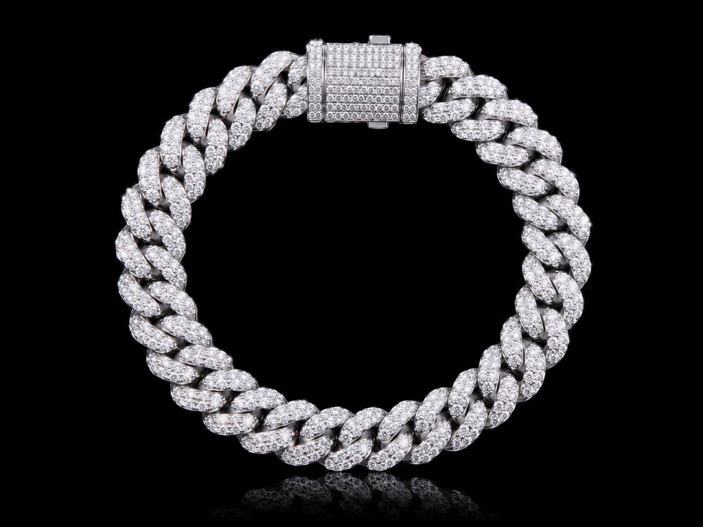 Petey's jewelry iced out Cuban link chain in S925 sterling silver featuring sparkling VVS moissanite diamonds.