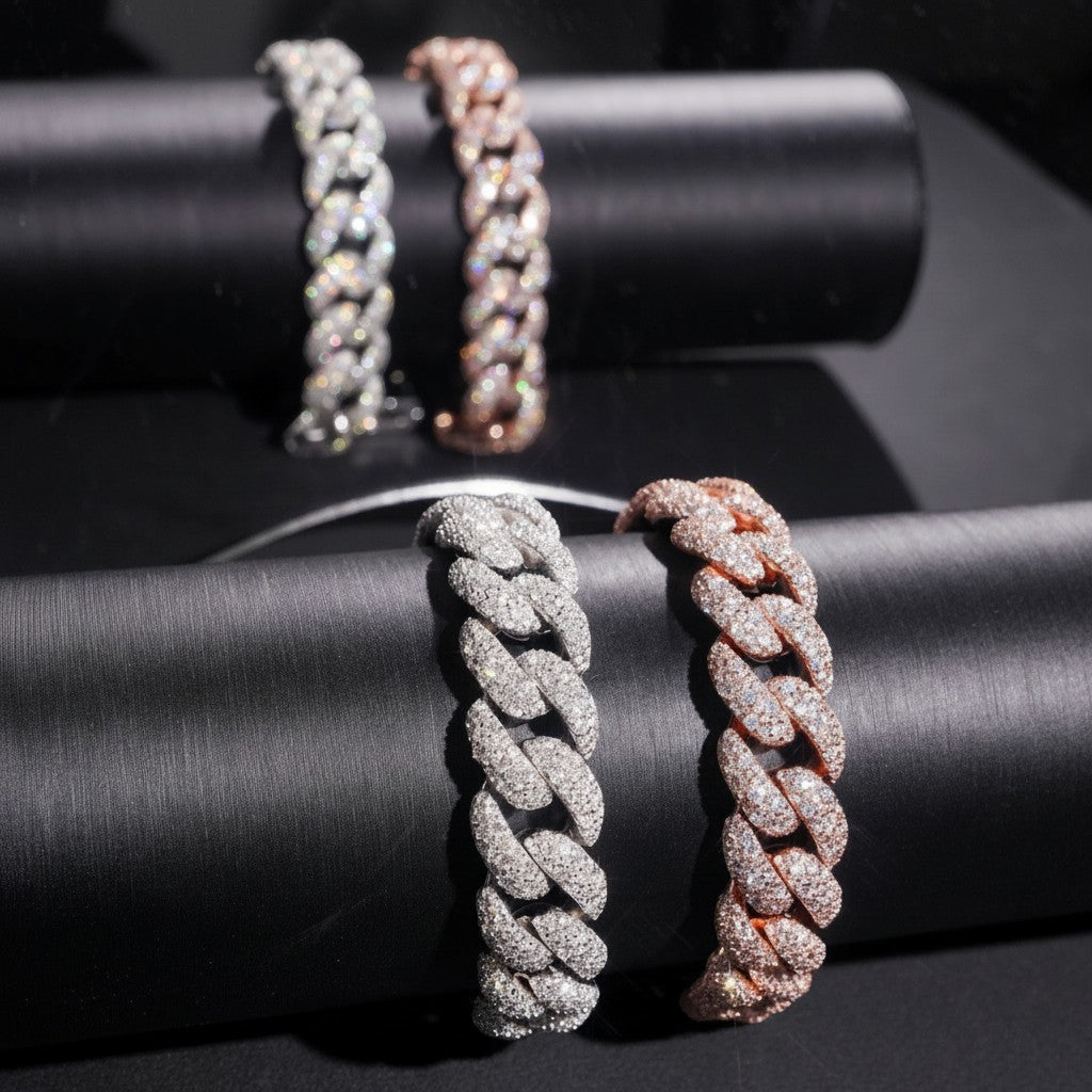 Petey's jewelry 14mm iced out Cuban link bracelets in silver and rose gold, featuring sparkling moissanite stones.