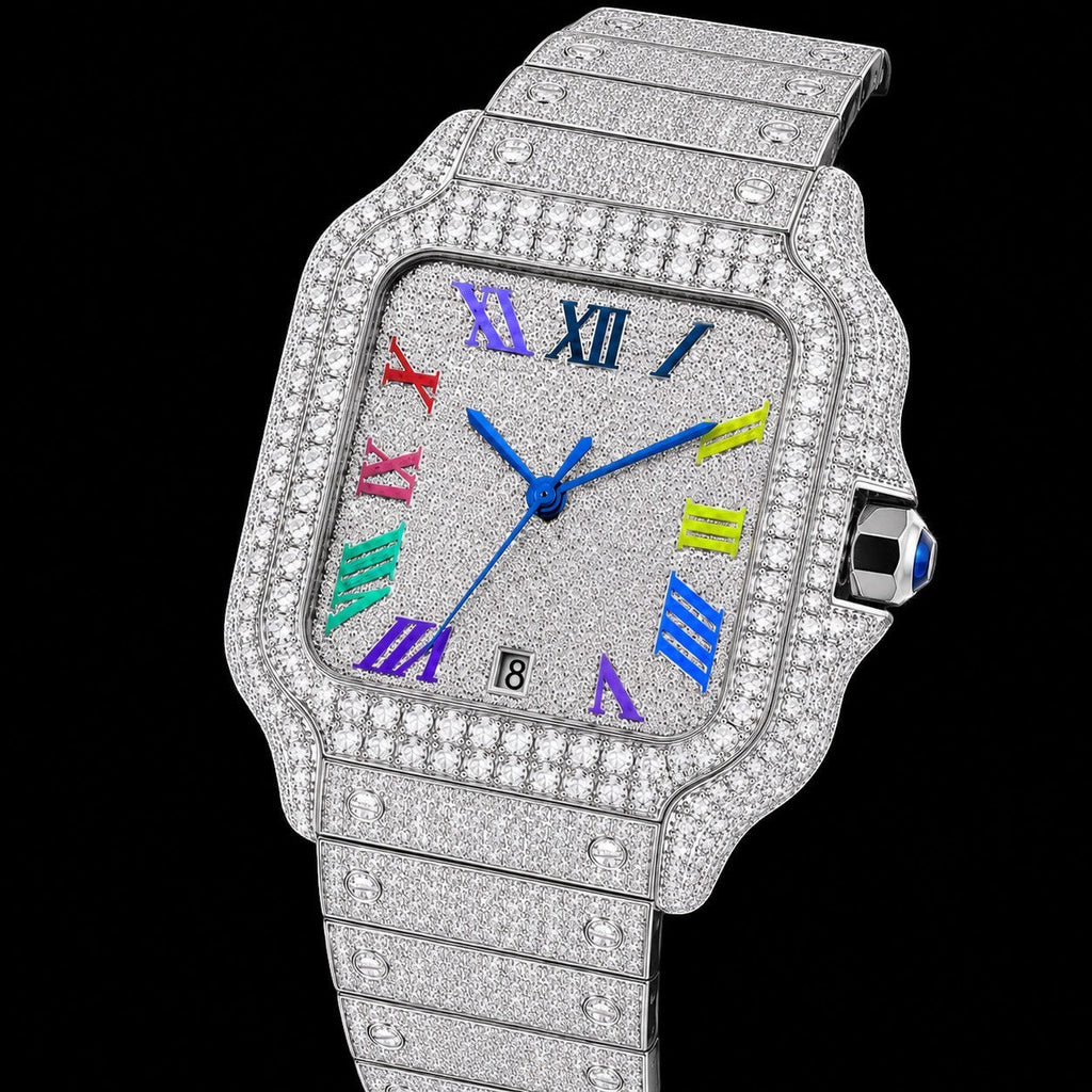 Petey's jewelry men's iced out automatic watch with a square silver dial, colorful Roman numerals, and a diamond-encrusted stainless steel band.